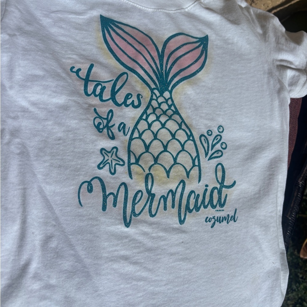 White and Blue Short Sleeve Tee with Mermaid Design - Picture 2 of 6